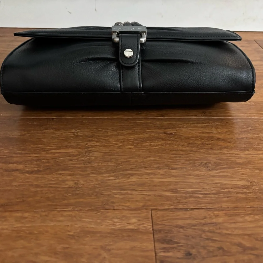 Tahari Black Leather Ruched Clutch Silver Chain Shoulder Bag